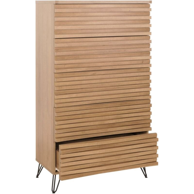 Jamais utilisé] Commode HHG 698, Armoire Highboard, Design 3D 5 tiroirs mdf métal 145x80x44cm, naturel