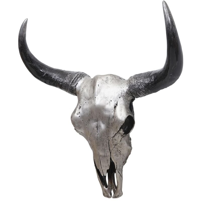 Jamais utilisé] Crâne déco 45cm HHG 0154, trophée tête de taureau en polyrésine, intérieur/extérieur, argent