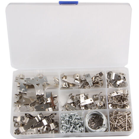 [JAMAIS UTILISÉ] Crochet pour Cadre Photo 220 Pièces Accroche cadre fixation,avec Vis, Clous Anneau en D et œil à Vis cintres en Dent de Scie câble d'acier Accroche cadre.  -Couleur argent