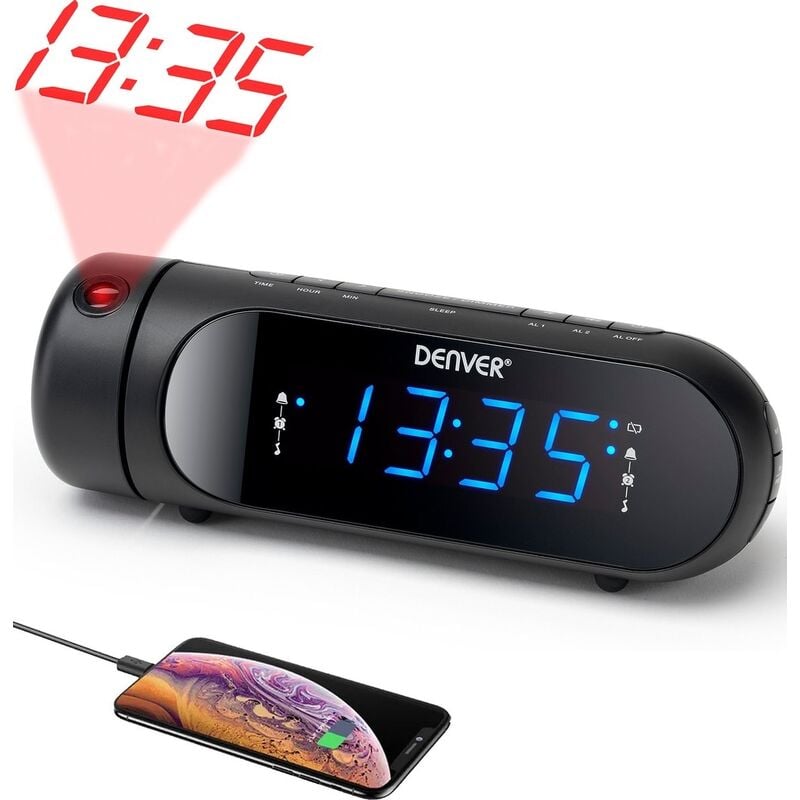 Jamais utilise] Denver Radio-réveil numérique Denver avec projection - Chargement usb - Radio fm - Double alarme - Noir