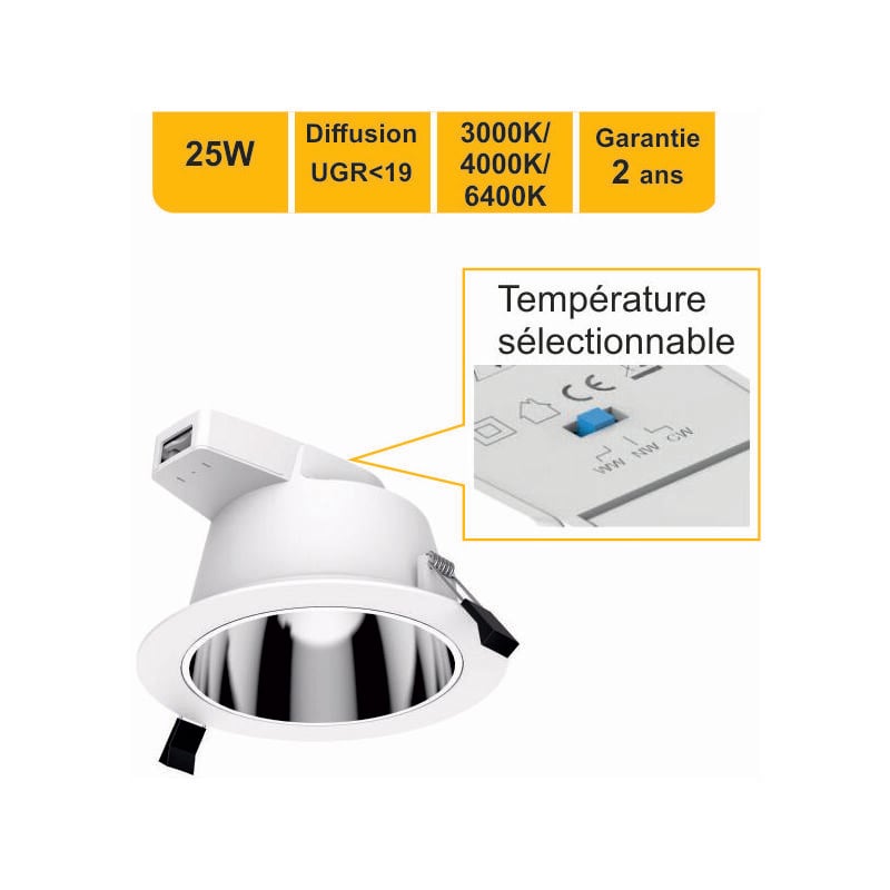 Jamais utilisé] Downlight encastrable led 25W couleur sélectionnable (3000K/4000K/5700K) IP54 UGR19 - garantie 2 ans