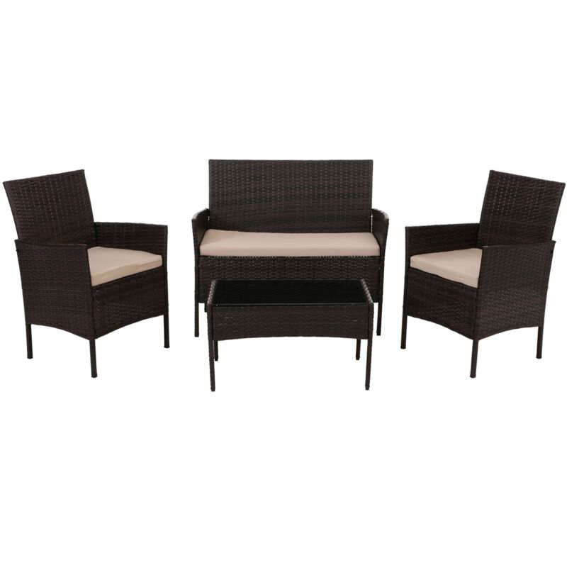 [JAMAIS UTILISÉ] Ensemble de jardin en poly rotin HHG-069, ensemble de salon, métal verre tissu/textile (180g/m²), brun, coussin crème