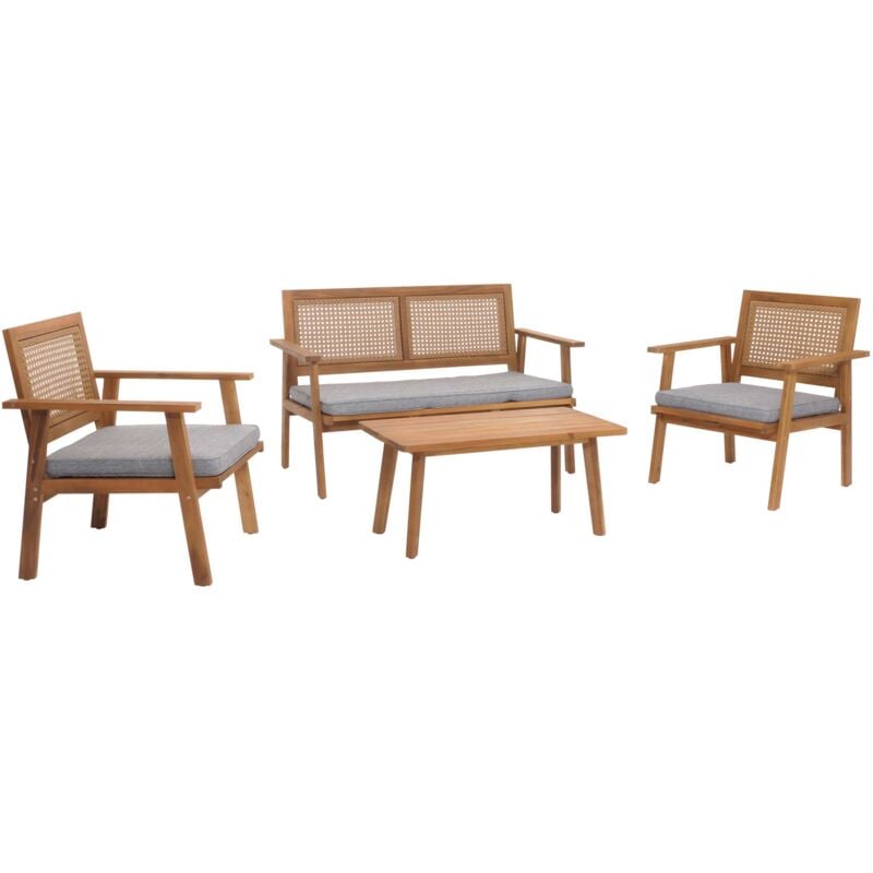 Jamais utilisé] Ensemble de jardin HHG 961, Lounge-Set Salon de jardin Banc Fauteuil Table, bois Acacia certifié mvg, Coussin gris