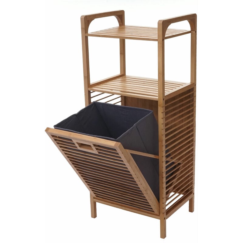 Jamais utilisé] Étagère avec corbeille à linge HHG 562, étagère indépendante, panier à linge, bambou, 95x40x30cm 28l
