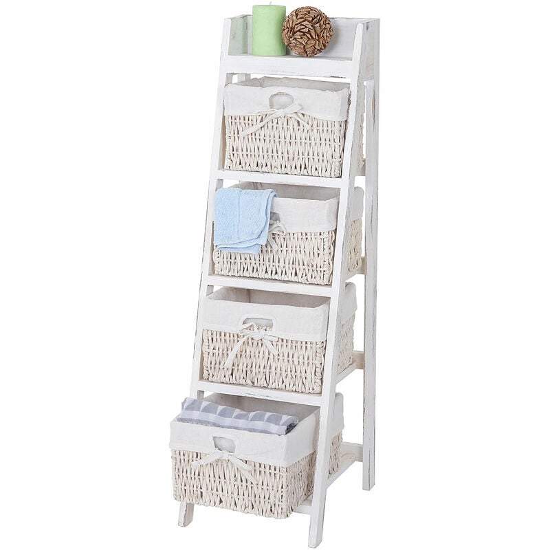 Jamais utilisé] Étagère échelle Goiana, Étagère sur pied avec 4 tiroirs en osier 101x30cm, style shabby, vintage, blanc