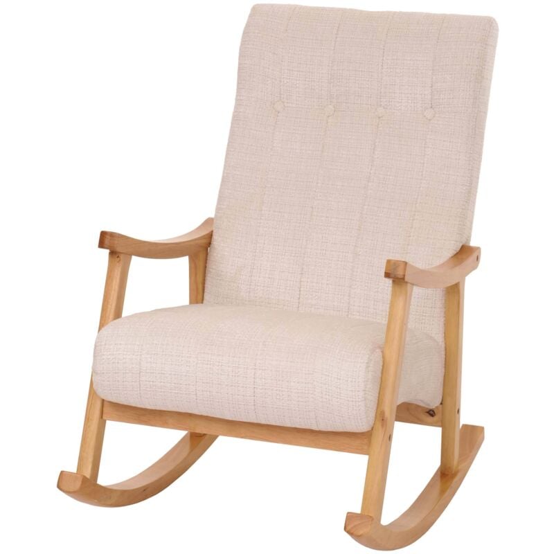 [JAMAIS UTILISÉ] Fauteuil à bascule HHG-857, fauteuil relax, bois MVG tissu/textile chenille (465g/m²), crème, piètement naturel