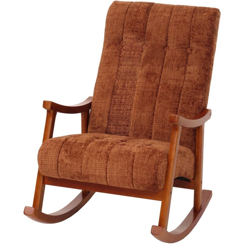 Jamais utilisé] Fauteuil à bascule HHG 857, relax, bois mvg tissu/textile chenille (465g/m²), terracotta, piétement imitation noyer