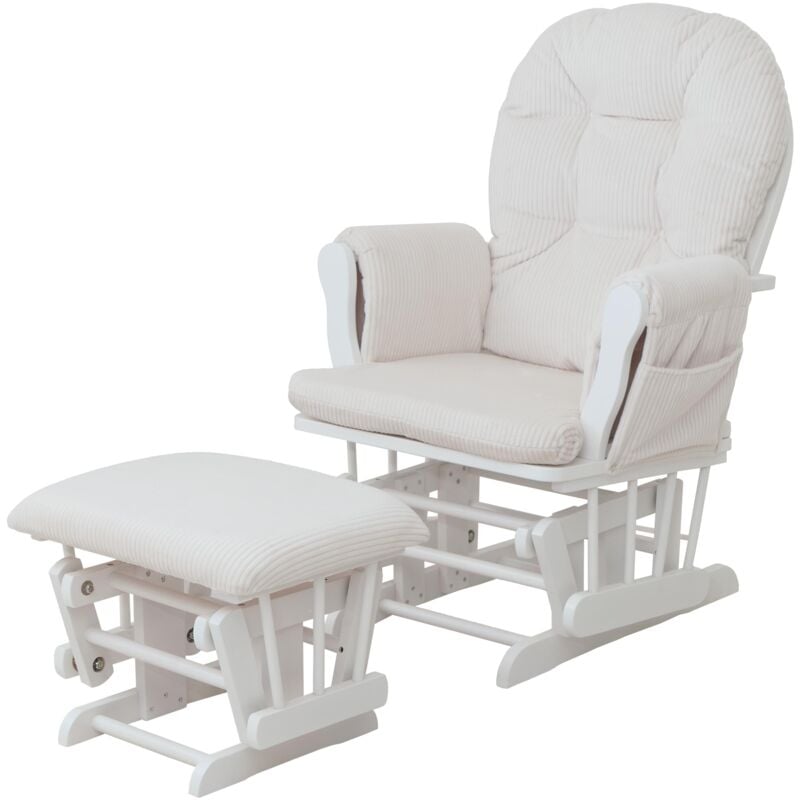 Jamais utilisé] Fauteuil relax HHG 021, fauteuil à bascule Fauteuil oscillant avec pouf Tissu Velours 320g/m² Öko-Tex, crème Bâti blanc