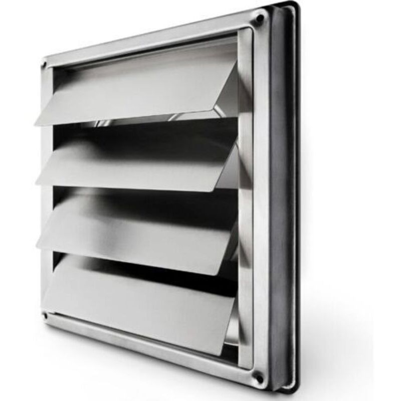 [JAMAIS UTILISÉ] Grille de ventilation inox 150mm – Clapet anti-retour à lamelles mobiles – Résistant aux intempéries – Dimensions 184x184mm