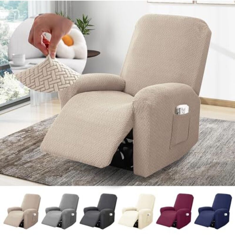 [JAMAIS UTILISÉ] Housse de fauteuil 1 place, housse extensible avec poches, protection intégrale en jacquard rayé pour fauteuils TV et relax (taupe,