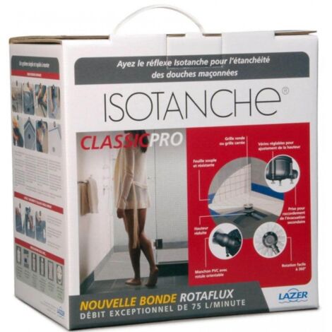 [JAMAIS UTILISE] Lazer – Bonde de douche isotanche 50mm – Rectangulaire 1500x1800mm – Sortie verticale – Grille carrée en PVC gris pour douches italiennes