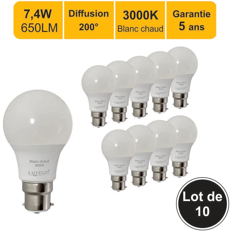 Lutece-arc - jamais utilisé] Lot de 10 ampoules led B22 7,4W 650Lm 3000K - garantie 5 ans