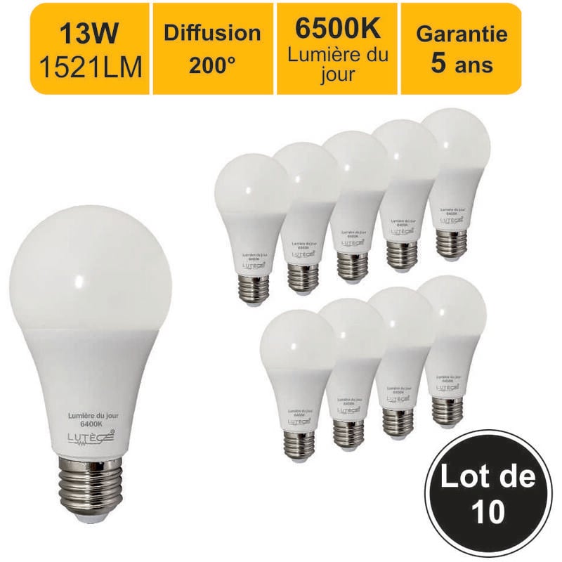 Lutece-arc - jamais utilisé] Lot de 10 ampoules led E27 13W (équiv. 100W) 1521Lm 6500K - garantie 5 ans