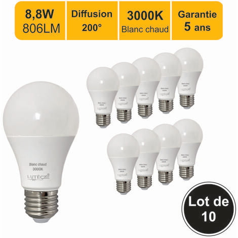 LUTECE-ARC [JAMAIS UTILISÉ] Lot de 10 ampoules LED E27 8,8W 806Lm 3000K - garantie 5 ans