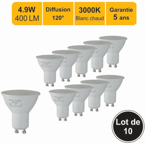 LUTECE-ARC Lot de 10 ampoules LED GU10 4,9W - 120° - 400Lm 3000K - garantie 5 ans