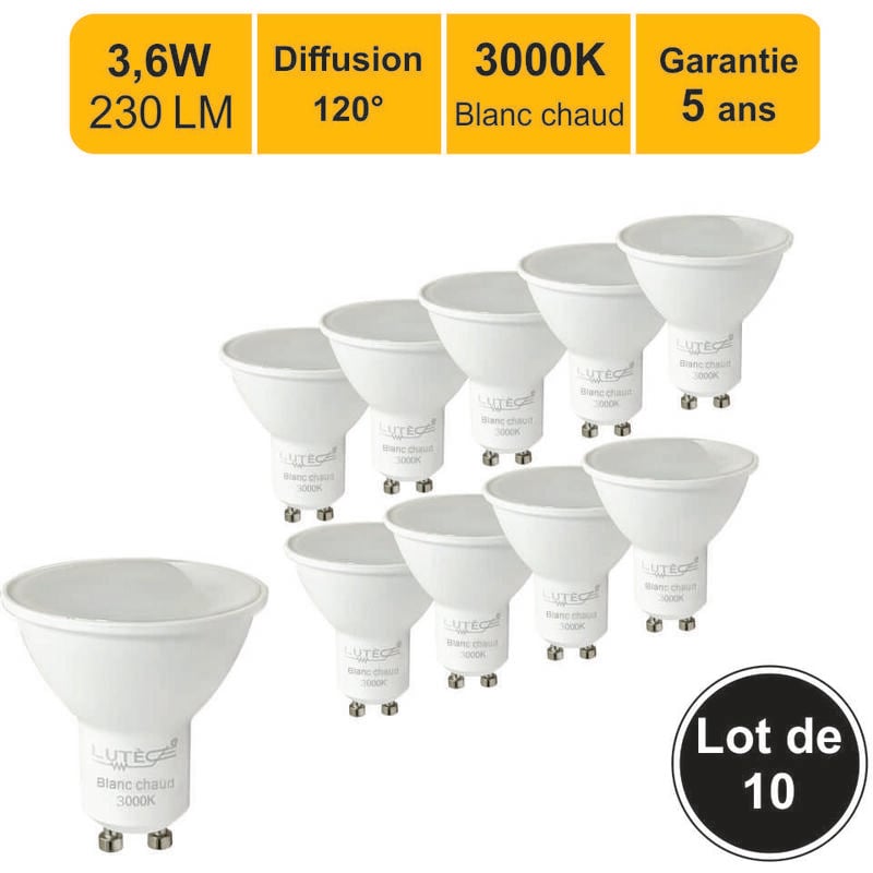 Lutece-arc - jamais utilisé] Lot de 10 ampoules led GU10 3,6W 230Lm 3000K - garantie 5 ans