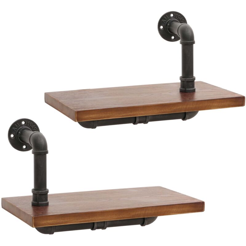 HHG - jamais utilisé] Lot de 2 étagères murales 077, étagère suspendue étagère à livres, structure 3D industrielle acier bois massif 29x45x25cm, brun