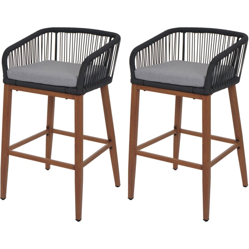 HHG - jamais utilisé] Lot de 2 tabourets de bar Rope 110, coussins d'extérieur en corde tressée métal aspect bois, anthracite, coussin gris clair