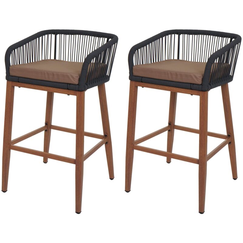 HHG - jamais utilisé] Lot de 2 tabourets de bar Rope 110, coussins d'extérieur en corde tressée métal aspect bois, anthracite, coussin taupe