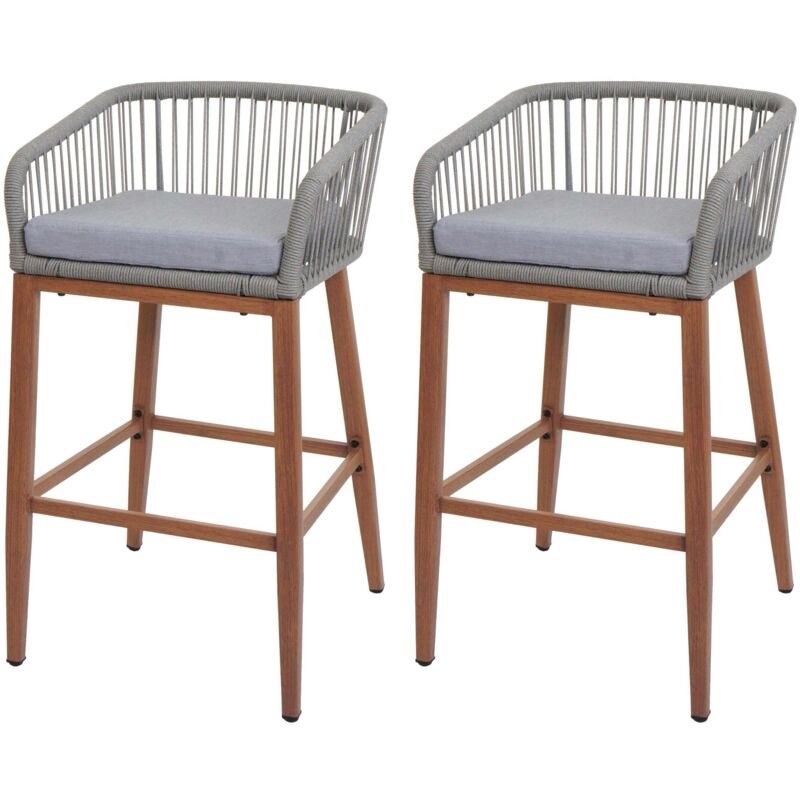 HHG - jamais utilisé] Lot de 2 tabourets de bar Rope 110, coussins d'extérieur en corde tressée métal aspect bois, gris clair, coussins gris clair