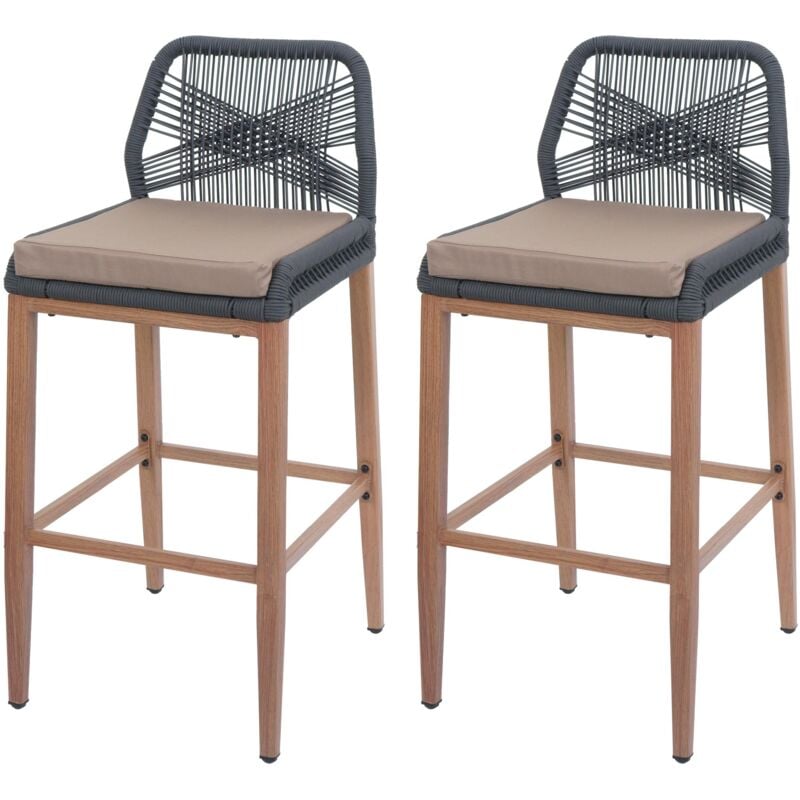 HHG - jamais utilisé] Lot de 2 tabourets de bar Rope 982, coussins d'extérieur en corde tressée métal aspect bois, anthracite, coussin taupe