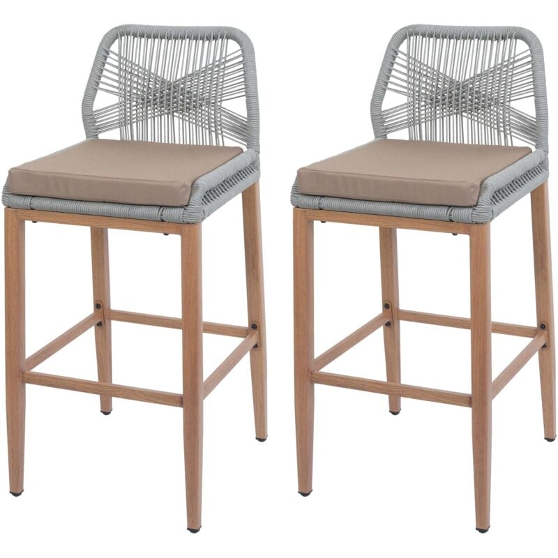 HHG - jamais utilisé] Lot de 2 tabourets de bar Rope 982, coussins d'extérieur en corde tressée métal aspect bois, gris clair, coussin taupe