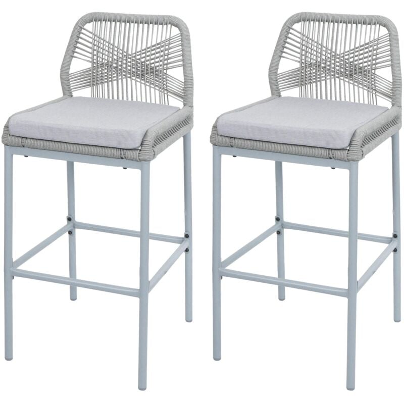 HHG - jamais utilisé] Lot de 2 tabourets de bar Rope 988, Outdoor assise rembourrée corde tressée métal, gris clair, coussin gris clair