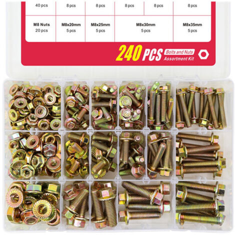 [JAMAIS UTILISÉ] Lot de 240 Vis à Bride et Écrous à Bride M5 M6 M8 Galvanisés 8.8 et Écrous Hexagonaux