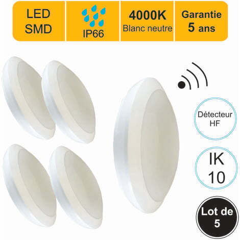 [JAMAIS UTILISÉ] Lot de 5 appliques d'extérieur Hublot LED à détecteur HF (mouvements et crépusculaire) 16W 1500 LM 4000K IP66 IK10 + mode veille - garantie 5 ans