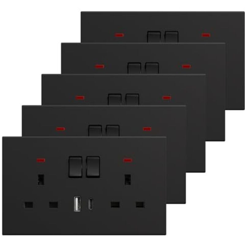 [JAMAIS UTILISÉ] Lot de 5 prises doubles avec port USB-C, prise murale double avec interrupteur et indicateur LED, plaque murale en polycarbonate,