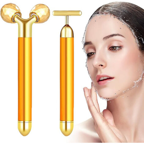 [JAMAIS UTILISÉ] Masseur facial électrique 2 en 1, barre de beauté en or 24 carats, rouleau 3D et rouleau en T, kit de massage pour les bras, les yeux et le nez, outils de soins de la peau
