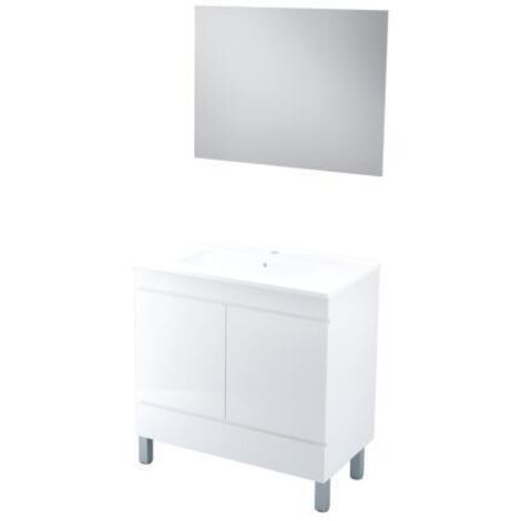 Ondee – Meuble de salle de bain à poser 80cm – Caisson en panneaux de particules laqués blanc – Plan en céramique extra-plat – 1 tiroir et 2 portes