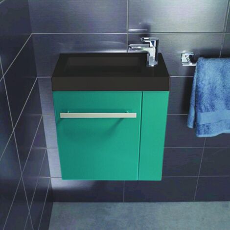 Ondee – Meuble lave-mains Seymour Lagon 43,5x23x45 cm – MDF laqué noir – Plan vasque en résine – Montage suspendu