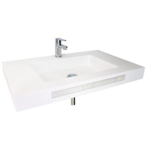 Ondee – Plan vasque salle de bain suspendu 80cm – Solid Surface avec trop plein – Dimensions H8 x L80 x P50 cm – Bonde clic-clac en laiton