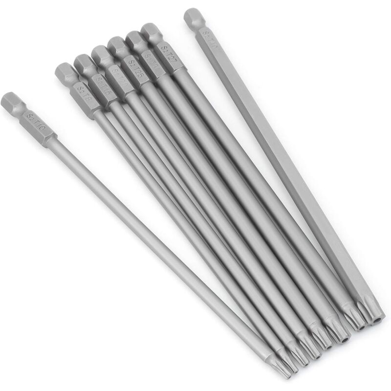 XVX - jamais utilisé] Lot de 8 embouts Torx longs - 1/4' - Magnétiques - Tête d'étoile - 150 mm de long - Tige hexagonale - Jeu d'outils électriques