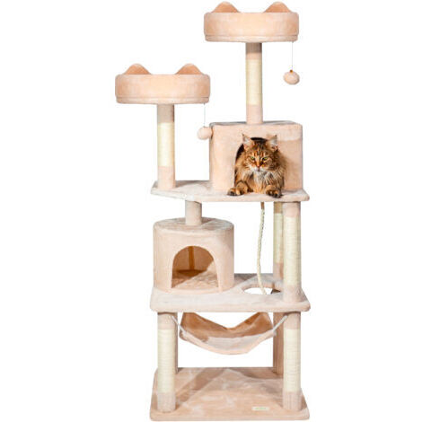 [JAMAIS UTILISÉ] PAITSY Arbre a Chat, Griffoir pour Chat, 2 perchoirs, 2 niches, Hamac, Balles, Colonnes en Sisal, Peluche, Hauteur 158 cm, Beige, Garantie 5 ans