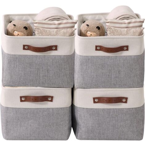 [JAMAIS UTILISÉ] paniers de rangement pliables en tissu cationique robuste et pliable avec poignées pour étagère pour chambre d'enfant ou penderie (Gris et blanc, Large - 4 Pack)