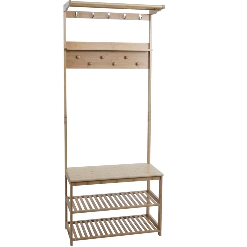 HHG - jamais utilisé] Porte-manteau sur pied en bambou 590 étagère à chaussures, banc, crochets pour vêtements fsc® 170x70x31 cm