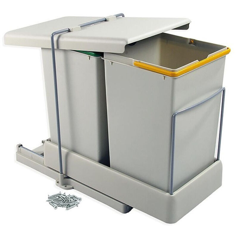Jamais utilisé] Poubelle de recyclage Emuca 8077221, fixation inférieure, extraction et couvercle automatique, 2 grands conteneurs de 14 litres,