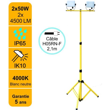 [JAMAIS UTILISÉ] Projecteur LED de chantier 2x50W/IP65/IK10/2x4500lm/4000K avec trépied ajustable - garantie 5 ans