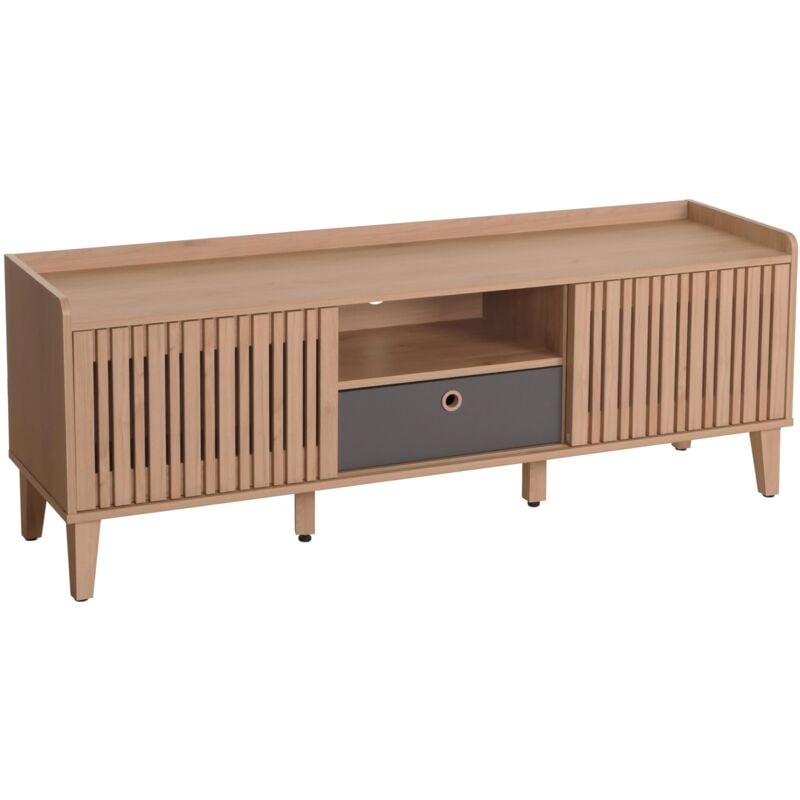Jamais utilisé] Meuble tv HHG 421, Buffet bas Armoire tv, Porte coulissante 56x150x40cm, beige, Tiroir gris
