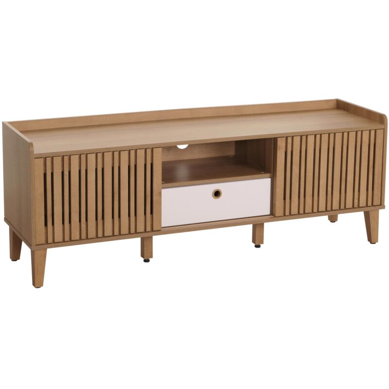 [JAMAIS UTILISÉ] Meuble TV HHG-421, Buffet bas Armoire TV, Porte coulissante 56x150x40cm, naturel, Tiroir blanc