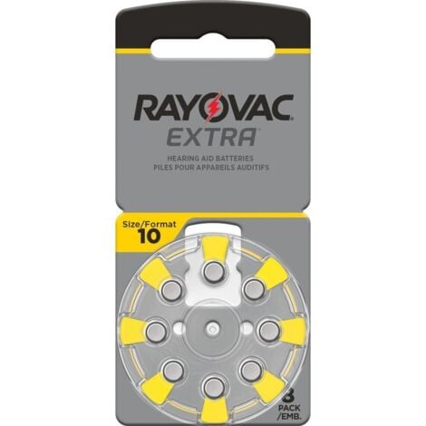 RAYOVAC Rayovac Lot de 10, 8 Piles auxiliaires auditives Haute Puissance Zinc-air, 1 Carte Blister Jaune - 10AUX-8XEMF (10AUX-8XEMF)