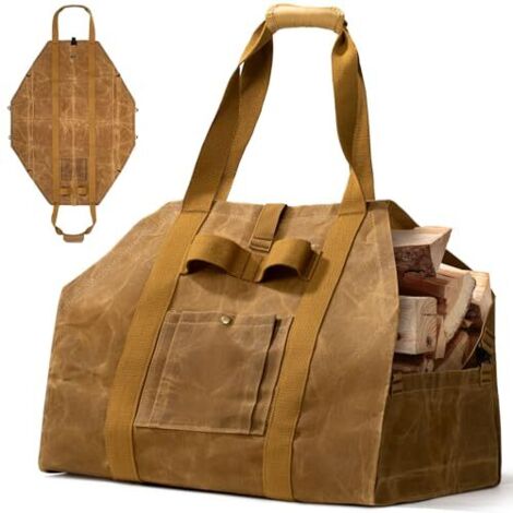 [JAMAIS UTILISÉ] Sac à bûches 2 en 1 en toile cirée, très grand format, avec poignées, idéal pour foyer extérieur, camping, poêle à bois et barbecue.