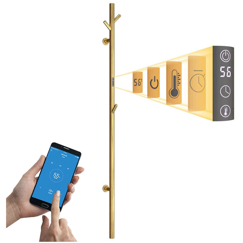 Esip - jamais utilisé] Sèche-Serviette Électrique Or, 30 w Chauffe-Serviettes 1525×65mm WiFi Intelligent Porte-Serviettes Chauffant Électrique Mural