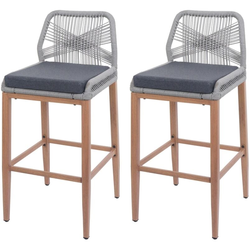 HHG - jamais utilisé] Set de 2 tabourets de bar Rope 982, coussins d'assise Outdoor corde tressée métal aspect bois, gris clair, coussins gris foncé