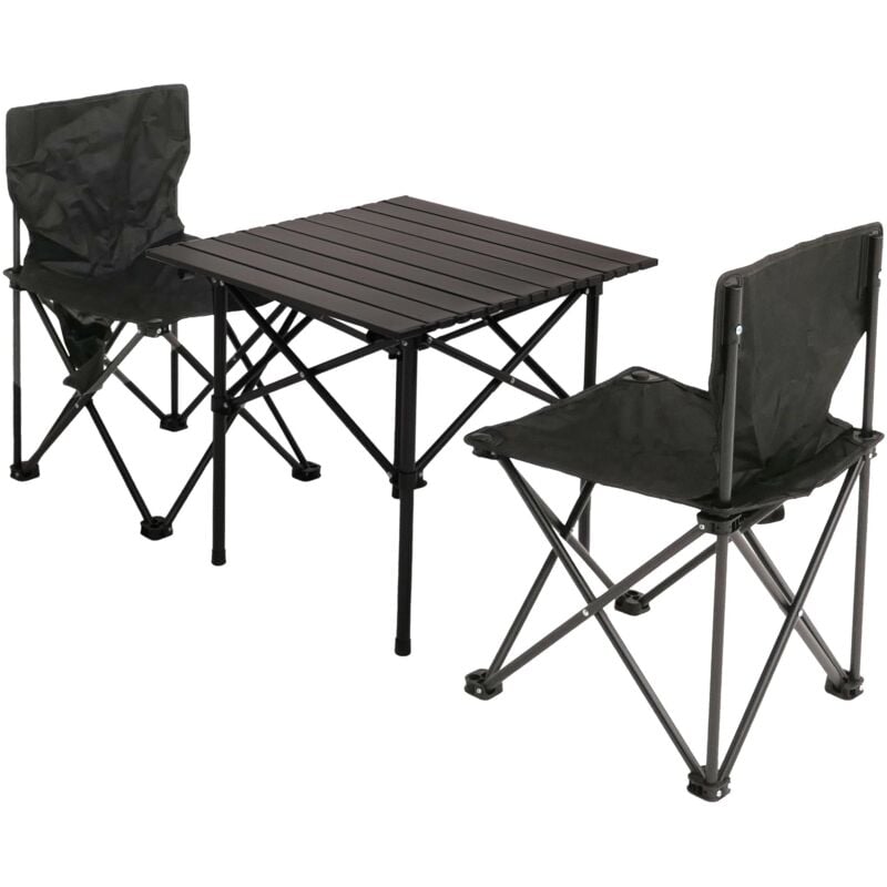 HHG - jamais utilisé] Set de camping 428, table 2x chaise chaise pliante chaise de pêcheur pliable, métal, noir
