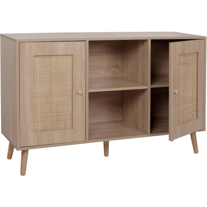 Jamais utilisé] Sideboard HHG 219, Armoire Commode Highboard, compartiments de rangement, Kubu rotin bois mélaminé, aspect chêne