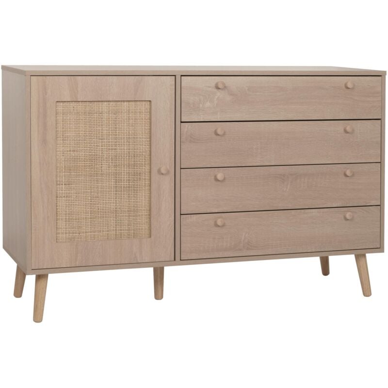 Jamais utilisé] Sideboard HHG 221, Armoire Commode Highboard, tiroirs de rangement, Kubu rotin bois mélaminé, aspect chêne