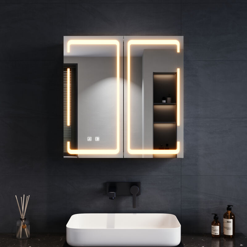 [JAMAIS UTILISÉ] SIRHONA Miroir de salle de bain LED 59 x 14 x 60 cm avec éclairage, 3 couleurs de lumière, réglable et antibuée, armoires murales de